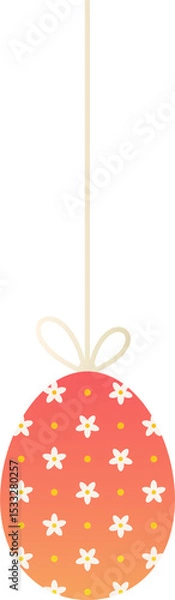 Fototapeta Coral-to-orange floral Easter egg is hanging by bow string in flat design, transparent background