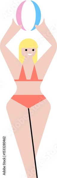 Fototapeta Female figure is holding pastel beach ball overhead in flat-design vector on transparent background