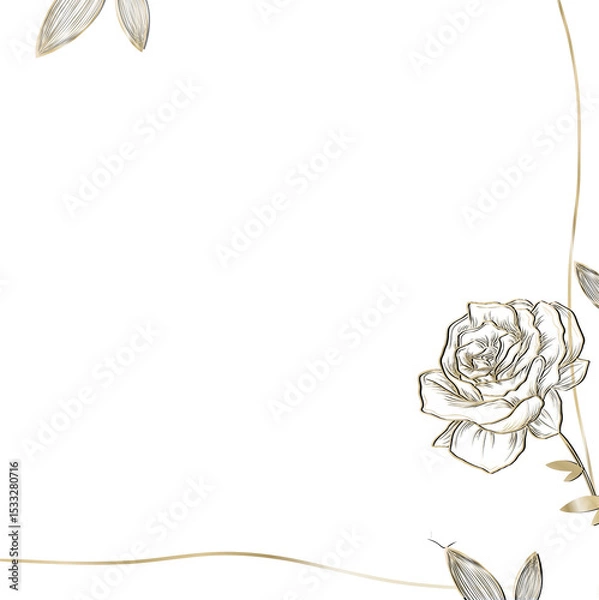 Fototapeta Floral border frame is showcasing rose with gold leaf border framing transparent center, copy space