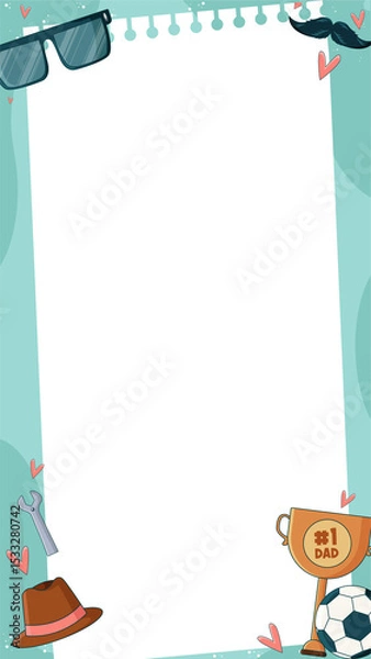 Fototapeta Flat Father's Day frame is showing accessories, tools, trophy, ball on clear background, copy space