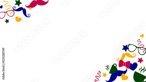 Obraz Flat corner frame is showcasing glasses, mustaches, hearts and ribbons on transparent backdrop