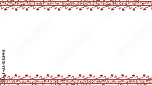 Fototapeta Flat frame showing beige bands with red-orange flowers  and  red-yellow stripes, transparent backgro