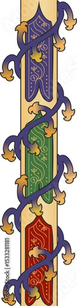 Fototapeta Flat pillar is being shown on clear background, with purple green red panels and winding vine
