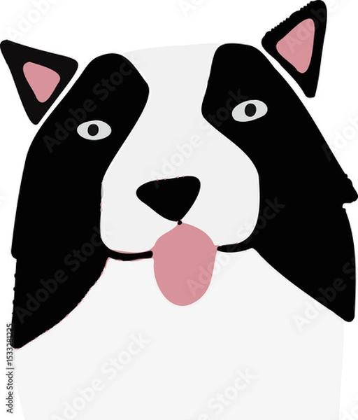 Obraz Cartoon dog head is showing flat design, bold patches, pink ears, tongue on transparent background