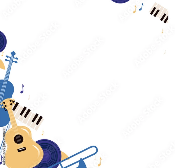 Fototapeta Flat frame is forming on clear background with guitar, cello, piano, trombone, notes, copy space
