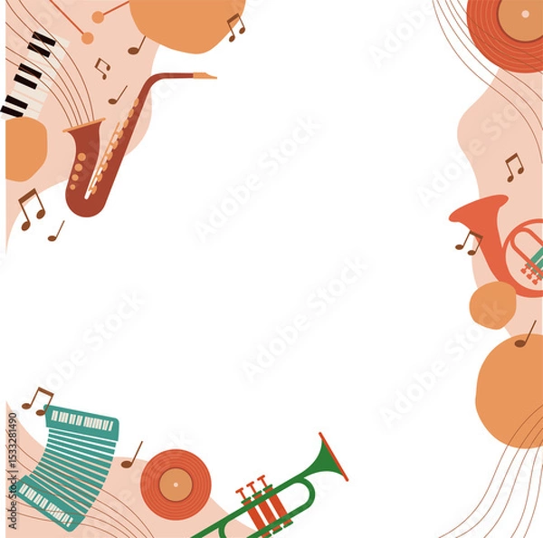 Obraz Flat vector border is featuring instruments, notes and abstract circles, transparent background