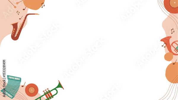 Fototapeta Flat design musical border is featuring instruments, records and notes on transparent background
