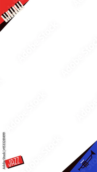 Obraz Flat poster is showing piano keys, trumpet and red JAZZ label on transparent background, copy space