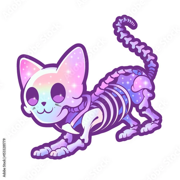 Obraz Flat-style cat skeleton is stretching on transparent background with pastel galaxy and sparkles