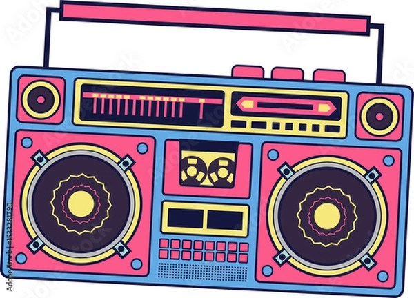Fototapeta Flat design 1980s boombox is showing cassette deck, speakers, transparent background, copy space