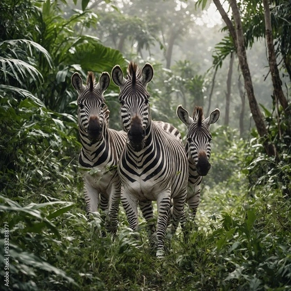 Fototapeta A zebra family walking through jungle vegetation, clear with white background