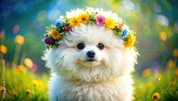Fototapeta Fluffy white pomeranian dog adorned with delicate wreath of vibrant flowers stands majestically in colorful meadow, radiating joy and charm