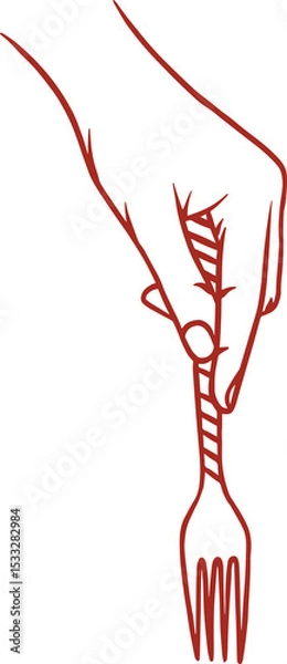 Fototapeta Red line drawing is showing hand gripping fork diagonally on transparent background, copy space