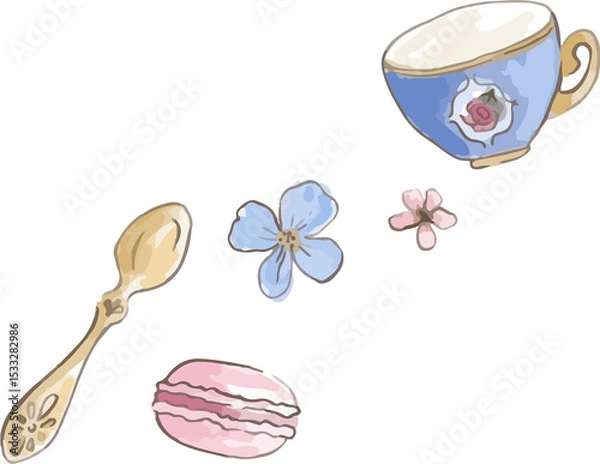 Fototapeta Blue rose teacup gold spoon macaron flowers are floating in flat design on transparent background
