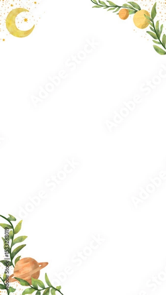 Obraz Watercolor border is showing transparent background with yellow moon, leaves, fruits, gold speckles