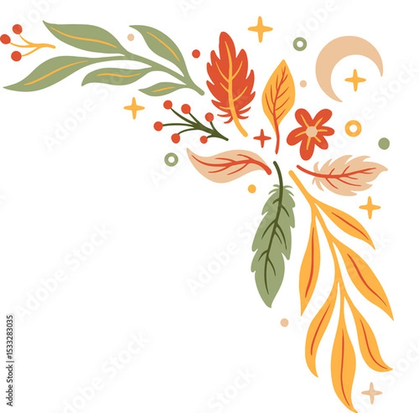 Fototapeta Showing corner ornament in vector with leaves, berries, flower, moon on transparent background