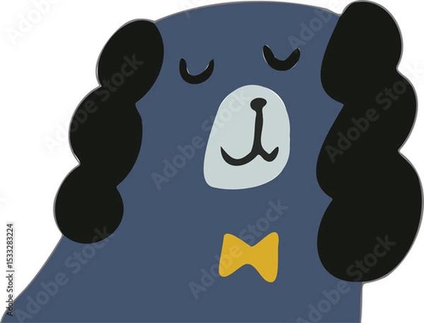 Obraz Dark blue dog showing floppy ears and wearing yellow bow tie in flat design, transparent background