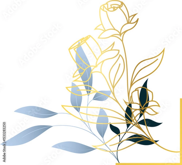 Fototapeta Flat design rose trio is showing gold outlines and pale blue leaves on transparent background