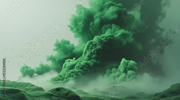 Fototapeta Chaotic green mist explosion texture. Abstract atmospheric smoke effect for surreal and futuristic design projects.