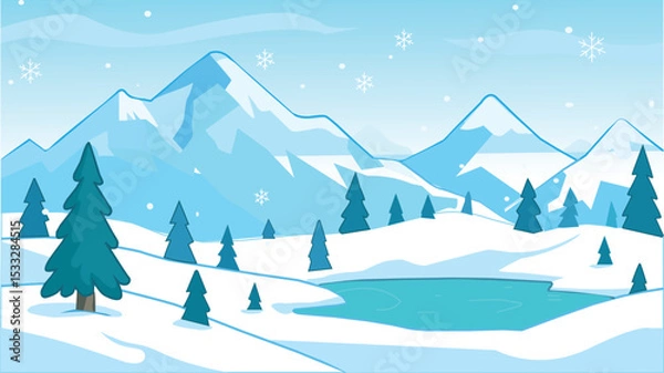 Fototapeta Winter Mountain Landscape with Snowy Trees and Frozen Lake - Vector Illustration