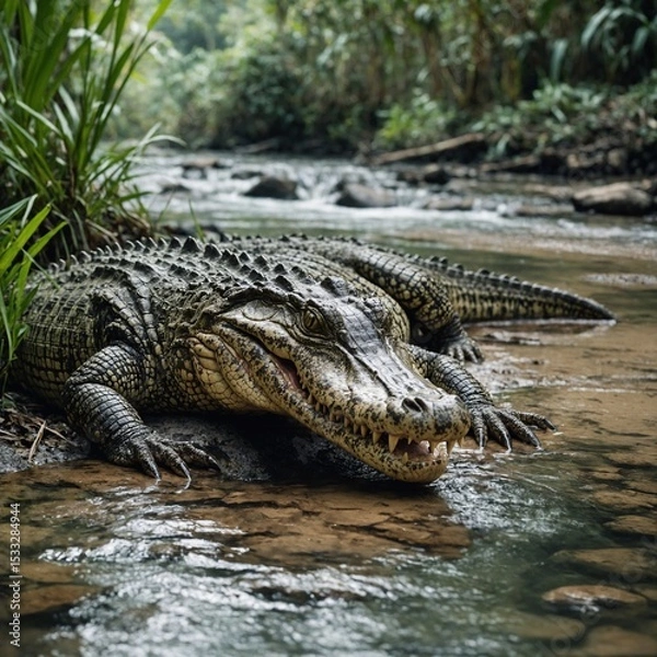 Fototapeta A crocodile resting near a jungle stream, white background