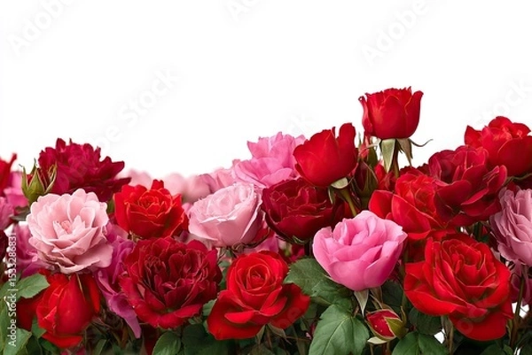 Fototapeta Fresh red and pink roses border isolated on white background