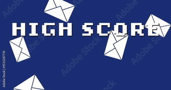 Obraz Displaying pixel-art text HIGH SCORE on dark blue backdrop, with scattered white envelope icons