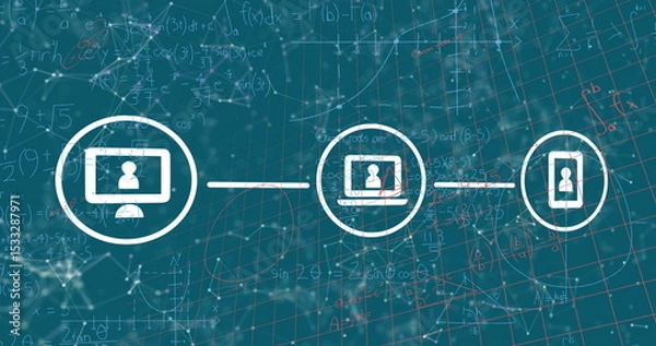 Obraz Displaying desktop, laptop, smartphone icons in white circles against teal grid, with math formulas