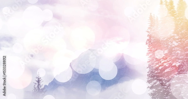Fototapeta Glowing mountain peak emerging through pastel sky above snowy solitary pine, with bokeh light spots