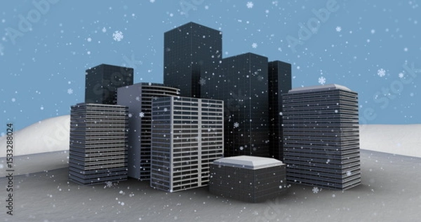 Fototapeta Falling snowflakes covering high-rise towers on snow plain, with grid windows and digital flakes