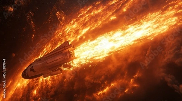 Fototapeta Dramatic Space Shuttle Reentry with Fiery Flames and Vivid Clouds