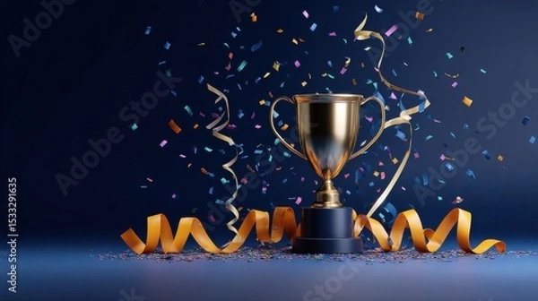 Fototapeta A gold cup is on a blue background with confetti