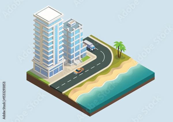 Fototapeta Isometric modern building with highway and beach