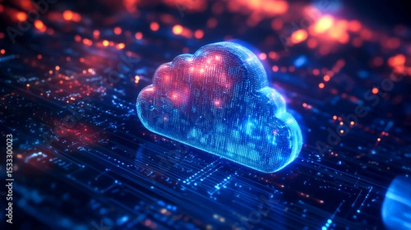 Fototapeta Abstract cloud computing tech. Safe encrypted storage, personal data protection, verified encryption tech. Security protocol wireless file transfer drive service.