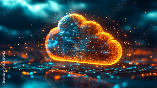 Fototapeta Abstract cloud computing tech. Safe encrypted storage, personal data protection, verified encryption tech. Security protocol wireless file transfer drive service.