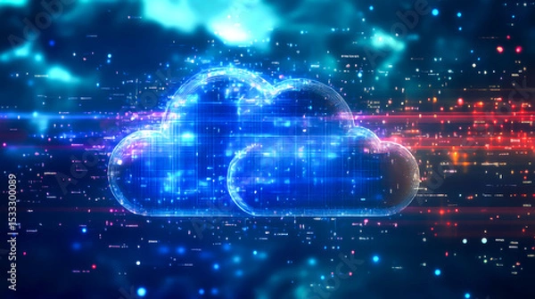 Fototapeta Abstract cloud computing tech. Safe encrypted storage, personal data protection, verified encryption tech. Security protocol wireless file transfer drive service.