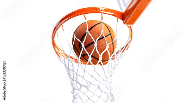 Fototapeta Basketball falling into the net on a hoop isolated on a white background