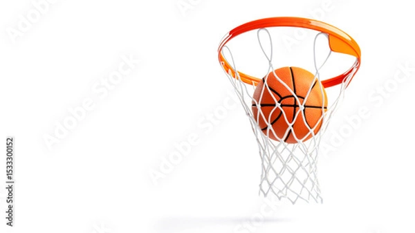 Fototapeta Basketball falling into the net on a hoop isolated on a white background