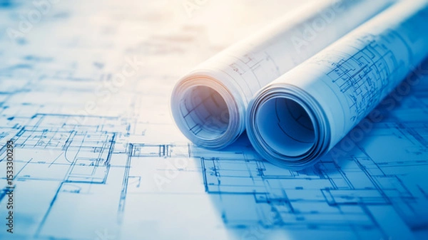 Fototapeta Blueprint rolls with detailed technical drawings create professional atmosphere