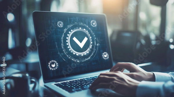 Fototapeta Digital quality management and certification on a virtual screen with a businessman working in an office using a laptop computer, with an icon of a seal or check mark for a standard and quality 