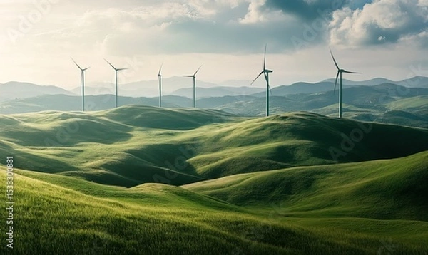 Obraz Photograph of wind turbines on a green grass field with a blue sky background, taken with a telephoto lens in natural lighting.