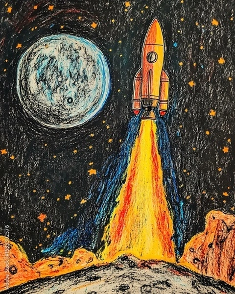 Fototapeta Crayon art of a rocket launching from a moon base with stars