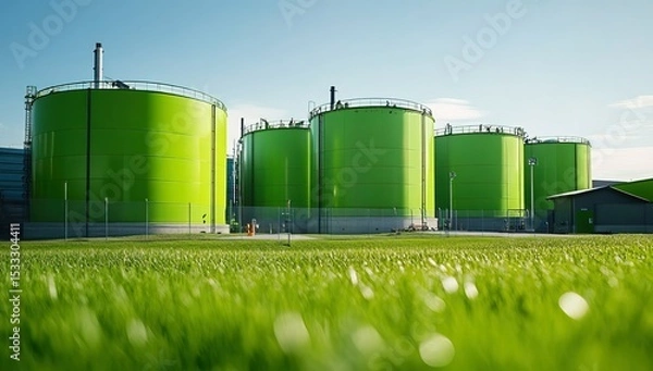 Obraz Green energy and industrial factory, light green background with blue sky, sunlight reflection on grass in front of oil storage tanks. Concept for sustainable development goal, environmental view