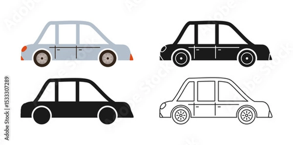 Fototapeta Simple retro Car icon symbol cartoon set. Hand drawn cute automobile car in multiple styles colored, silhouette, outline kid collection. Simple children funny auto transport icon vector illustration