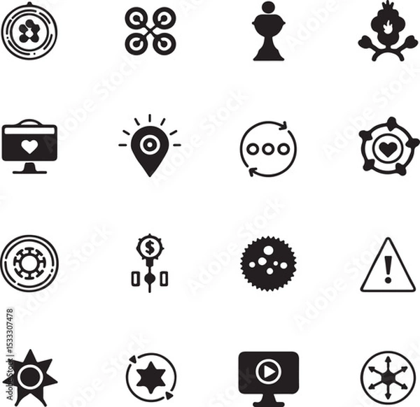 Fototapeta Set of diverse vector icons – filming, mapping, settings, error alerts, location, tools, media elements, system interface symbols, multifunctional icons for apps, websites, UI/UX design, and more.