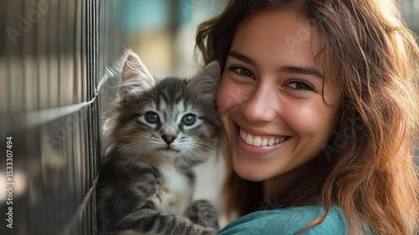 Obraz Bright Smile with Cat in a Person's Embrace at Animal Shelter
