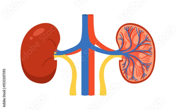 Fototapeta Human kidney in section and whole cartoon stylized vector illustration. Anatomical kidneys organ symbol on white background. Drawing human kidney for medical, childrens education simple style design