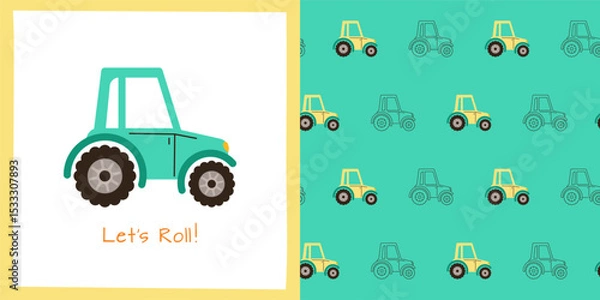 Fototapeta Tractor cartoon seamless pattern. Hand drawn retro farmer or builder car automobile endless boundless background design. Simple funny auto transport comic repeat print wallpaper vector illustration