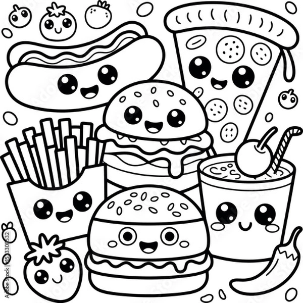Fototapeta A delightful kawaii coloring page filled with happy fast food characters. This fun doodle features smiling burgers, a hot dog, pizza, fries, and a drink, all waiting to be brought to life with color.