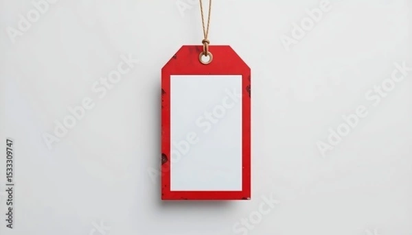 Fototapeta Aged red tag with a blank white insert hangs by a twine on a clean, minimal white backdrop.